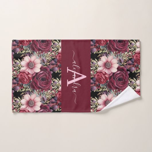 Monogram Burgundy & Pink Floral Elegant Towel Set Bad Handdoek (Handdoek)