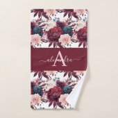 Monogram Burgundy & Pink Floral Elegant Towel Set Bad Handdoek (Handdoek)