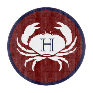 Monogram Burgundy Red Navy Blue White Crab Coastal Snijplank