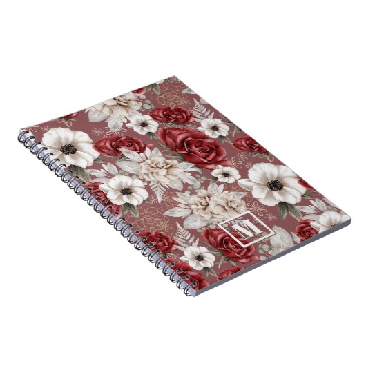 Monogram Burgundy Roos Pink Floral Pattern Notitieboek (Rechterzijde)