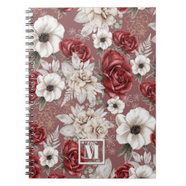 Monogram Burgundy Roos Pink Floral Pattern Notitieboek