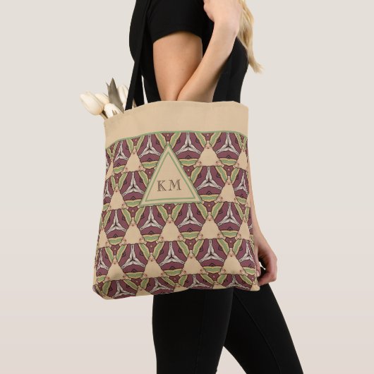 Monogram Burgundy Sage Triangle Geometric Pattern Tote Bag (Dichtbij)