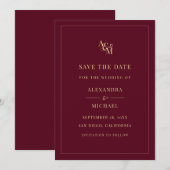Monogram Burgundy Simple Elegant Modern Wedding Save The Date (Voorkant / Achterkant)