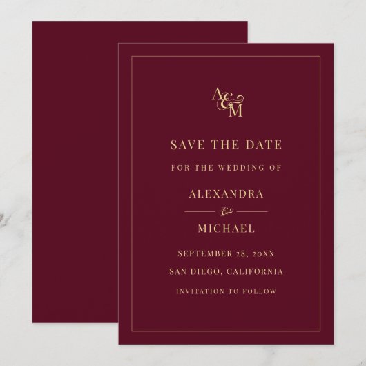 Monogram Burgundy Simple Elegant Modern Wedding Save The Date (Voorkant / Achterkant)