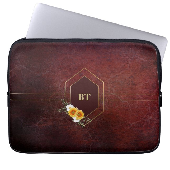Monogram Burgundy Stone Gold Geometric Floral Laptop Sleeve (Voorkant)