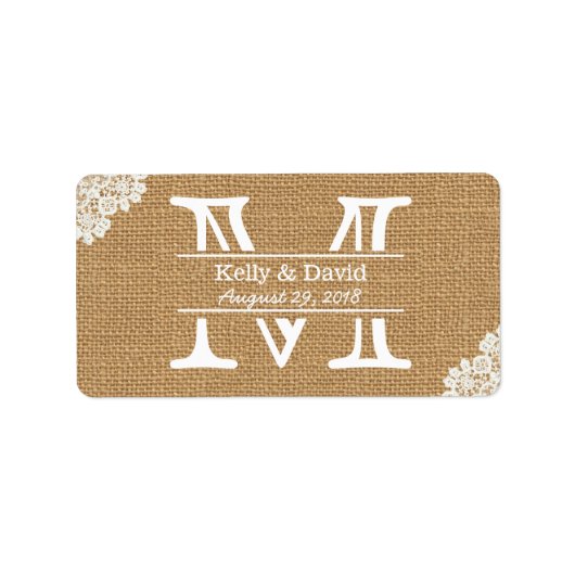  Monogram Burlap & Kant Rustieke Bruiloft Etiket (Voorkant)