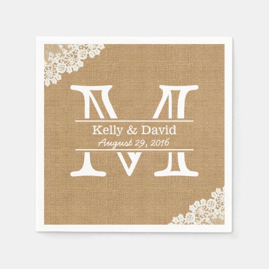 Monogram Burlap & Lace Rustic Wedding Servetten (Voorkant)