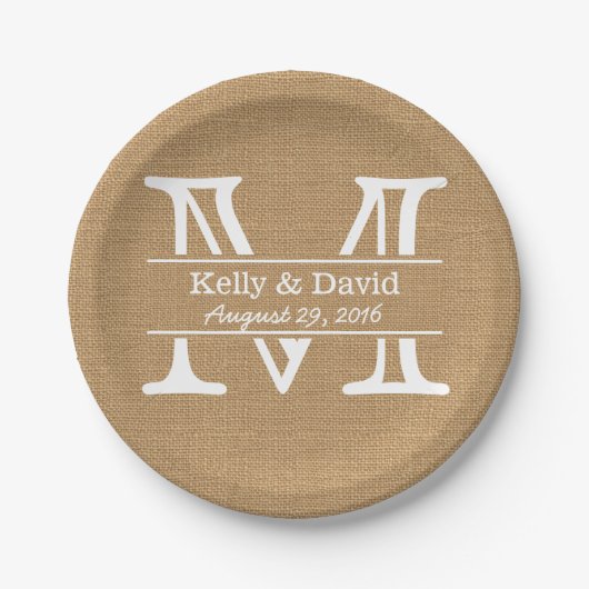 Monogram Burlap Texture Rustic Wedding Papieren Bordje (Voorkant)