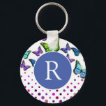 Monogram  Butterflies en Stippen Sleutelhanger<br><div class="desc">Monogrammed-sleutelhanger met  vlinders en stippen in blauw,  groen en paars.</div>