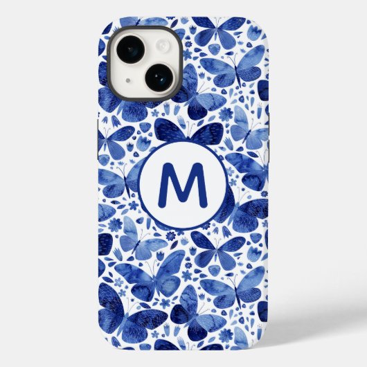 Monogram Butterfliy Waterverf Blue Case-Mate iPhone Case (Achterkant)