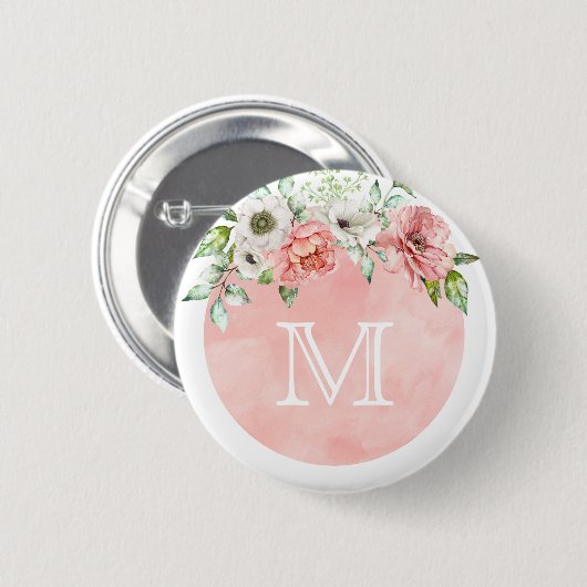 Monogram Button Pin | Blush Pink Spring Floral (Voorkant /achterkant)