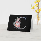 Monogram C Blauwe Bloemige Dank je kaart (Gele Bloem)