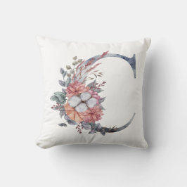 Monogram C Bloemenaquarel Blauw Perzik Roze Kussen