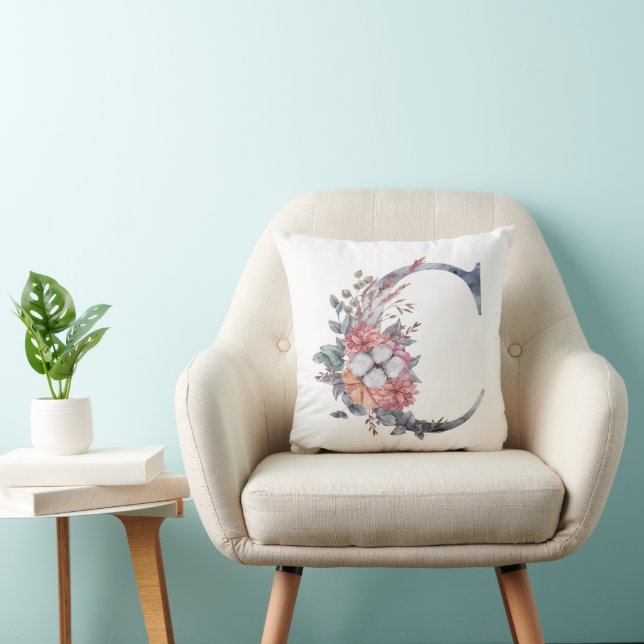 Monogram C Bloemenschildering in waterverf Blauw P Kussen (Stoel)