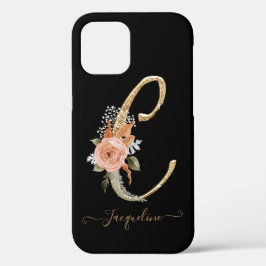 Monogram C Gold Script Black BOHO Pink Floral Leaf Case-Mate iPhone Case