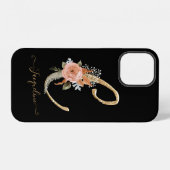 Monogram C Gold Script Black BOHO Pink Floral Leaf iPhone Hoesje (Achterkant horizontaal)