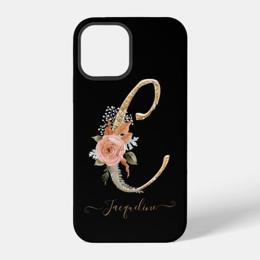 Monogram C Gold Script Black BOHO Pink Floral Leaf iPhone Hoesje (Achterkant)