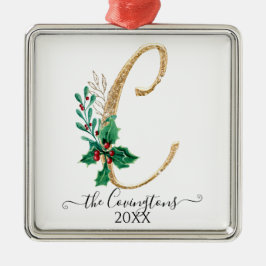 Monogram C Holly Christmas Gold Glitter Family Metalen Ornament