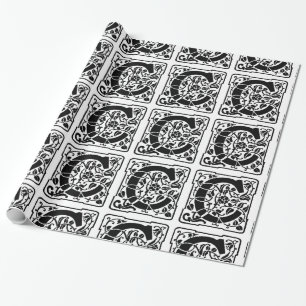 Monogram C Initiaal Black en White Floral Pattern Cadeaupapier