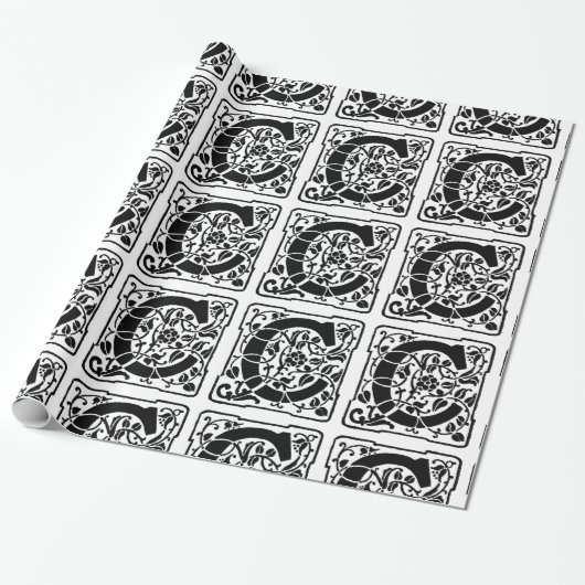 Monogram C Initiaal Black en White Floral Pattern Cadeaupapier (Uitgerold)