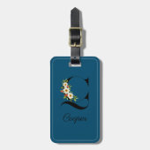 Monogram C kobalt waterverf bloem Bagagelabel (Voorkant verticaal)