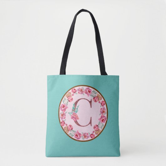 Monogram C Letter met Peony Flower Afbeelding Canv Tote Bag (Voorkant)