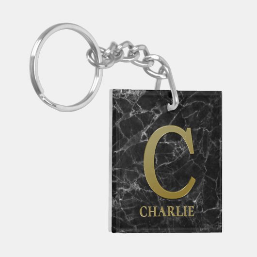 Monogram C op zwarte marmer Sleutelhanger (Voorkant Links)