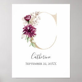 Monogram C Roze Witte Bloem Gouden Letter Babykame Poster