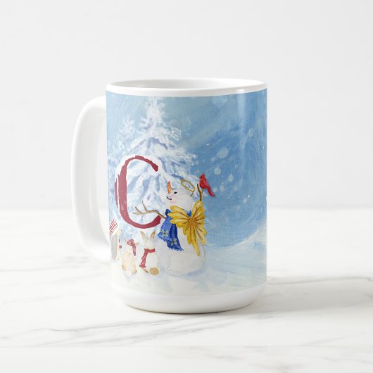 Monogram C Snowy Forest Animals Snowman Trees Koffiemok (Voorkant links)