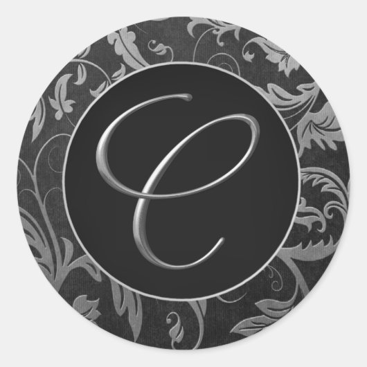 Monogram C Zilver en Zwart Damast Bruiloft Seal Ronde Sticker (Voorkant)