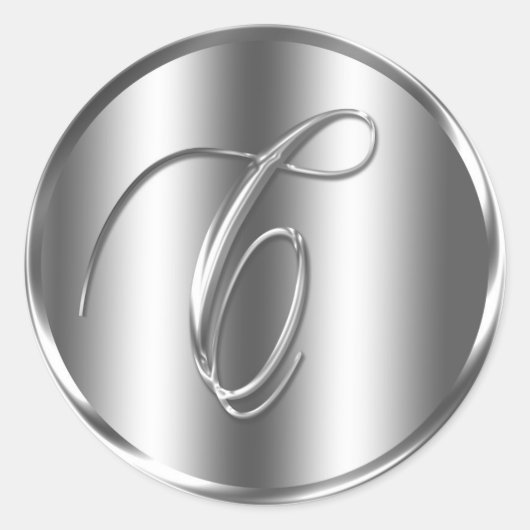 Monogram C Zilverkleurde Uitnodigingsfeestdag voor Ronde Sticker (Voorkant)
