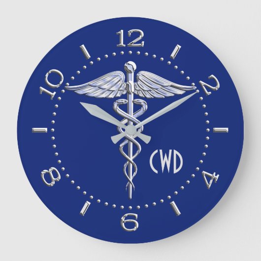 Monogram Caduceus Medical Symbool op blauw Grote Klok (Voorkant)