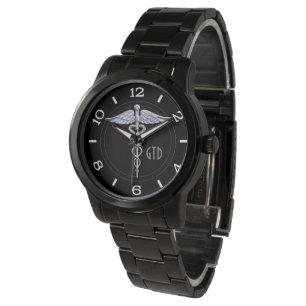 Monogram Caduceus Medical Symbool op zwart Horloge
