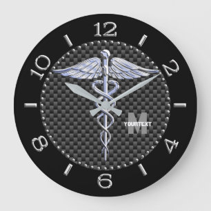 Monogram Caduceus Medical Symbool op zwarte koolst Grote Klok