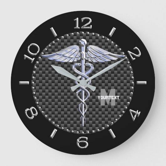 Monogram Caduceus Medical Symbool op zwarte koolst Grote Klok (Voorkant)