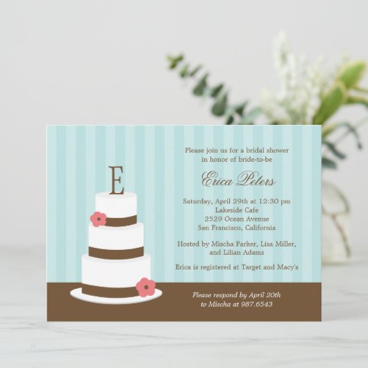 Monogram Cake Bridal Shower Uitnodiging - Blauw (Staand voorkant)