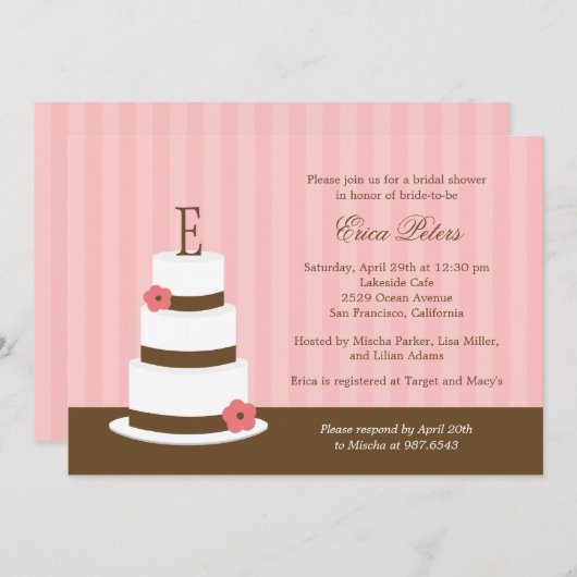 Monogram Cake Bridal Shower Uitnodiging - Roze (Voorkant / Achterkant)