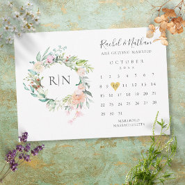 Monogram Calendar Gold Heart Floral Wedding Save The Date