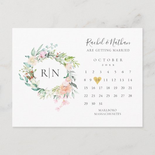 Monogram Calendar Gold Heart slaat de datum op Aankondigingskaart (Voorkant)