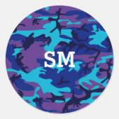 Monogram Camouflage Donkerblauw & Paarse Ronde Sticker (Voorkant)