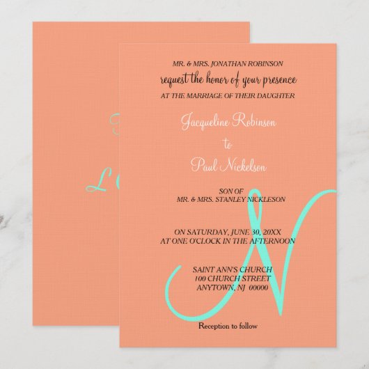 Monogram Cantaloupeturquoise Uitnodiging (Voorkant / Achterkant)