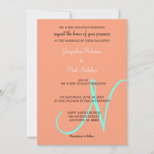 Monogram Cantaloupeturquoise Uitnodiging (Voorkant)