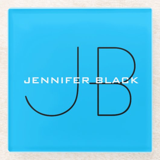 Monogram Capri Blue Minimalist Modern Name Glazen Onderzetter (Voorkant)