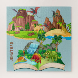 Monogram Cartoon van dinosauriërs in de jungleblau Legpuzzel