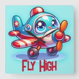 Monogram Cartoon vliegtuigblauw | Vierkante Klok