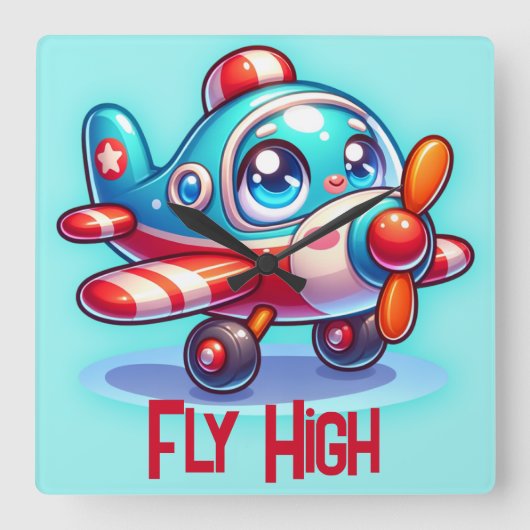 Monogram Cartoon vliegtuigblauw | Vierkante Klok (Voorkant)