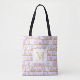 Monogram Cats Library Book Tote Bag Girly Purple