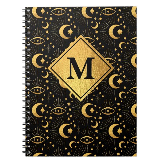 Monogram Celestial Black & Gold Stars Moon Pattern Notitieboek (Voorkant)