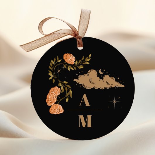Monogram Celestial Midnight Zwarte Sterren Bruilof Ronde Sticker