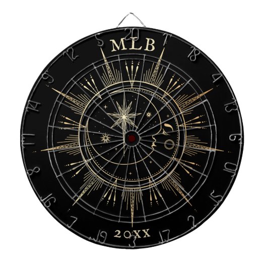 Monogram Celestial Sun Moon Gold Black Year Dartbord (Voorkant)